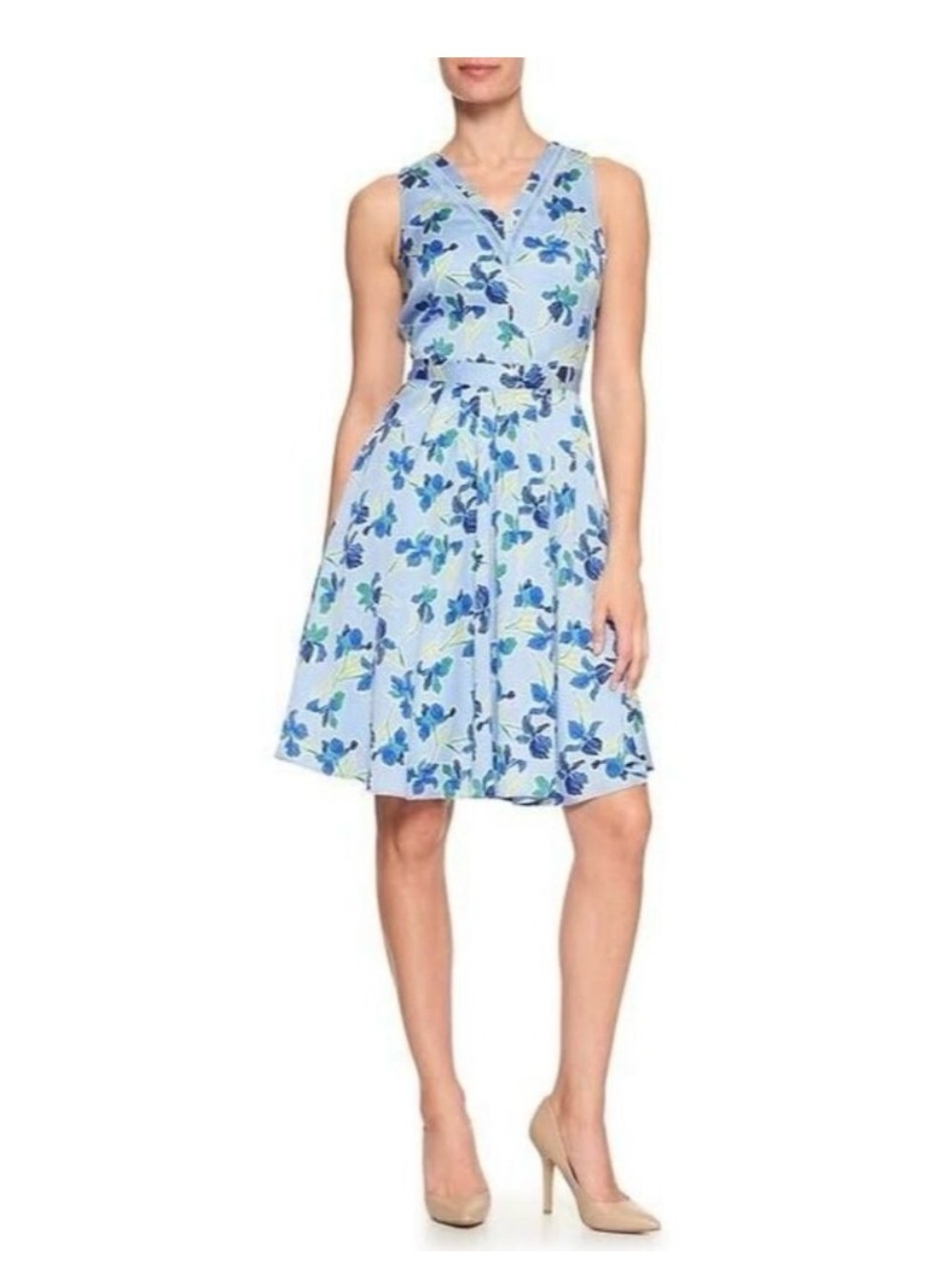 Banana Republic Sleeveless V-Neck Blue Floral Fit and Flare Mini Dress in Size 8